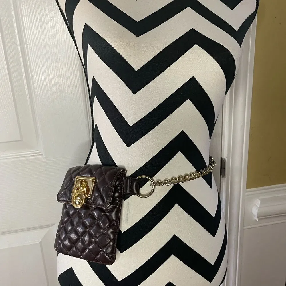 Michael Kors Brown faux leather quilted mini crossbody/fanny pack chain accent